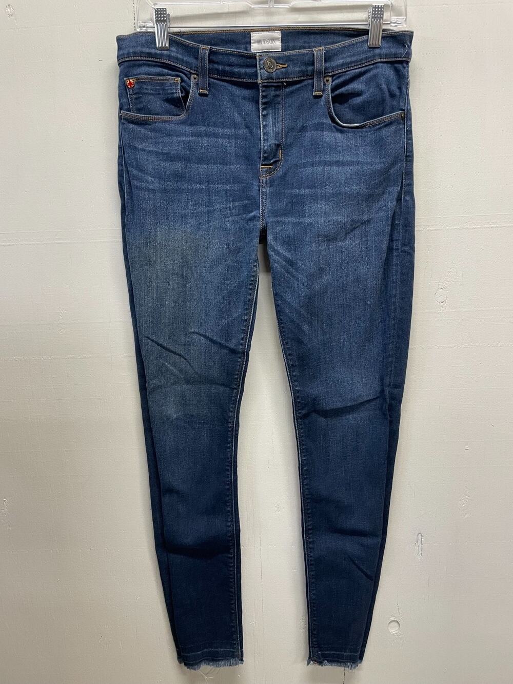 Hudson Women's Jeans Mid-Rise Skinny Leg Raw Hem Dark Wash Size 28